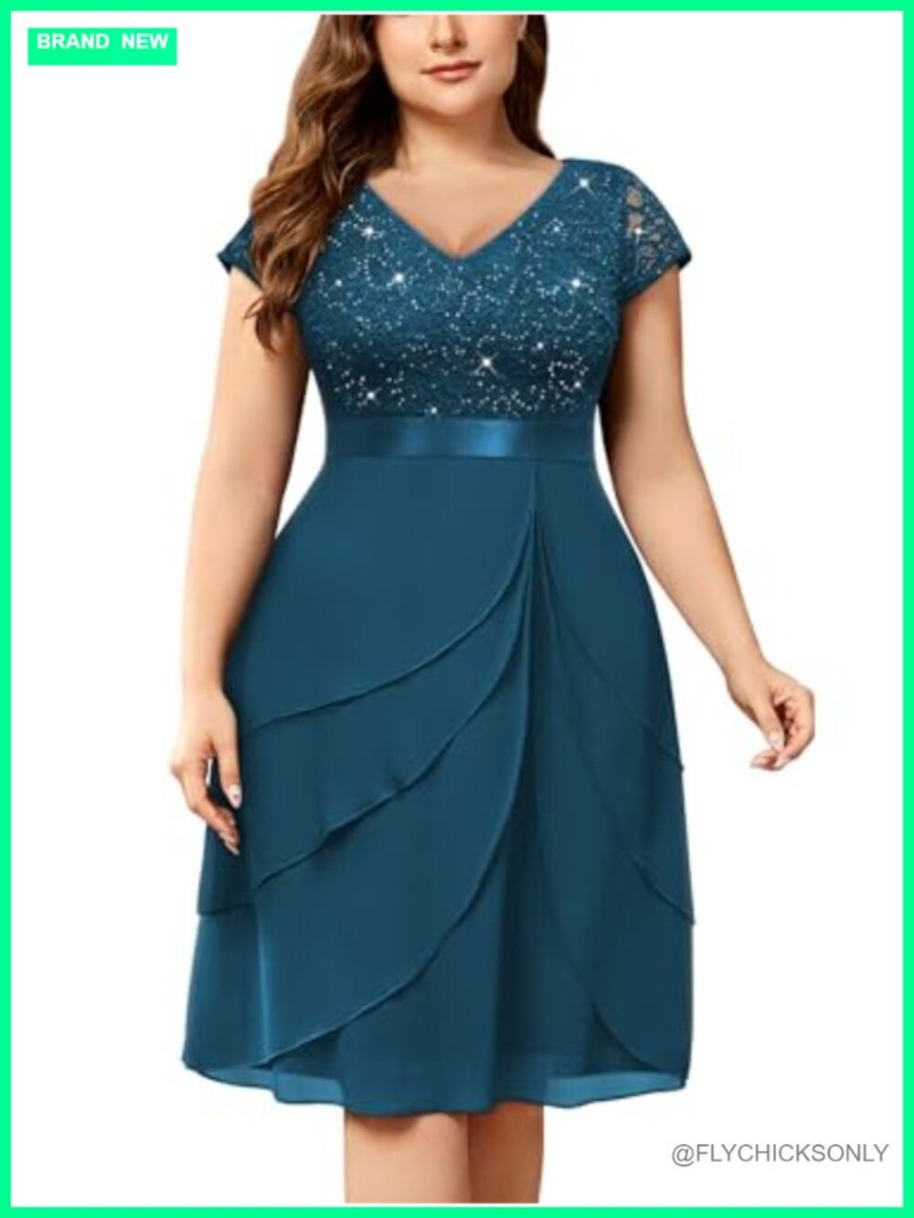 Plus Size Sequin Lace V Neck Chiffon Cocktail Party Dress Cap Sleeve